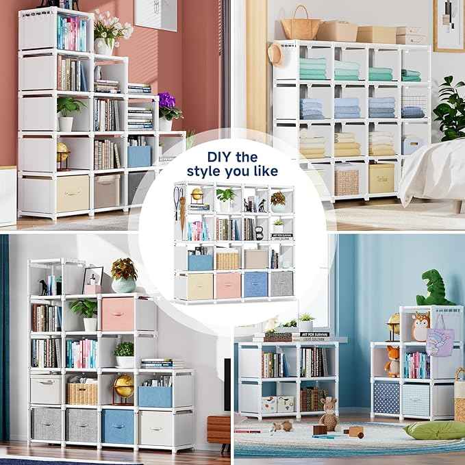 Mavivegue Book Shelf, 16 Cube Storage Organizer, Metal Cube Bookshelf, DIY Bookcase, Tall Book case for Bedroom, Living Room, Office -White