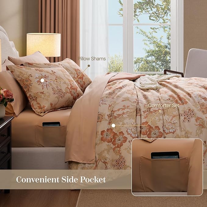 King Comforter Set -7 Pieces Terrecotta Floral Comforter Set for All Seasons, Bed in a Bag King with Botanical Flowers Comforter, Sheets, Pillowcases & Shams