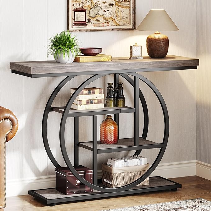 Tribesigns 41.3" Console Table, Industrial 4-Tier Sofa Table Entryway Table with Circle Base, Narrow Wood Accent Tables with Storage Shelves for Living Room, Hallway, Foyer, Gray | Industrial, Sofa Table, Entryway Table, Narrow, Accent Tables, Storage ...