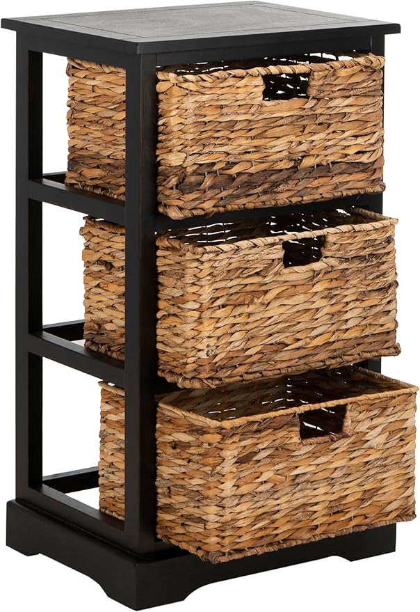 SAFAVIEH Home Collection – Halle Distressed Black Storage Side Table with Wicker Baskets, Farmhouse Accent Storage, Fully Assembled (AMH5738A)