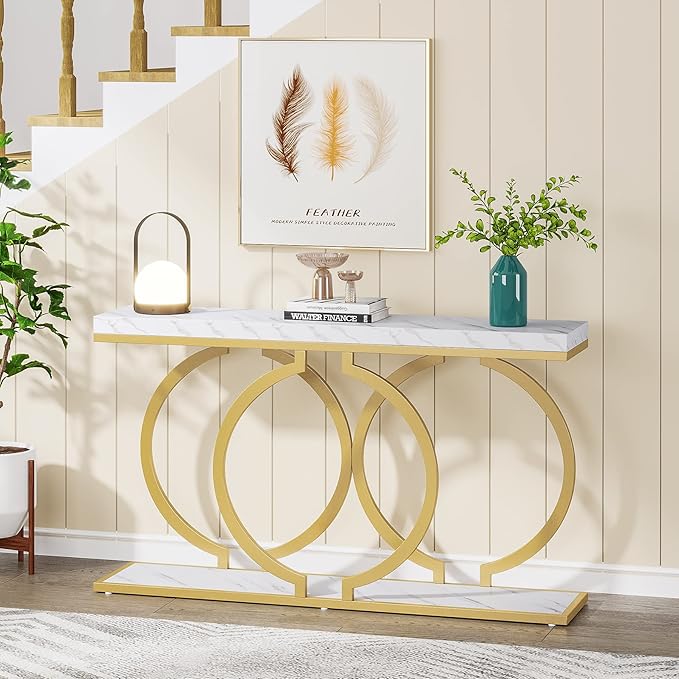 Tribesigns Gold Console Table, 55 inch Modern Entryway Table with Geometric Metal Frame, Faux Marble Narrow Long Sofa Table for Living Room, Entrance, Hallway, White and Gold