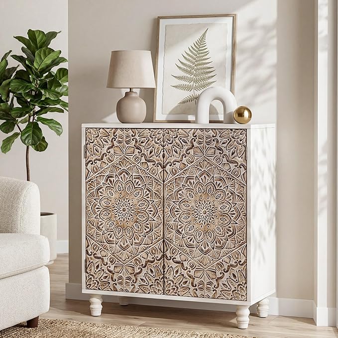 COSIEST 32" W Sideboard Buffet Cabinet with Storage, Accent Cabinet with 2 Push-to-Open Magnetic Doors, Vintage MDF Buffet Table for Living Room, Kitchen, Hallway (Gray,Firework Pattern)