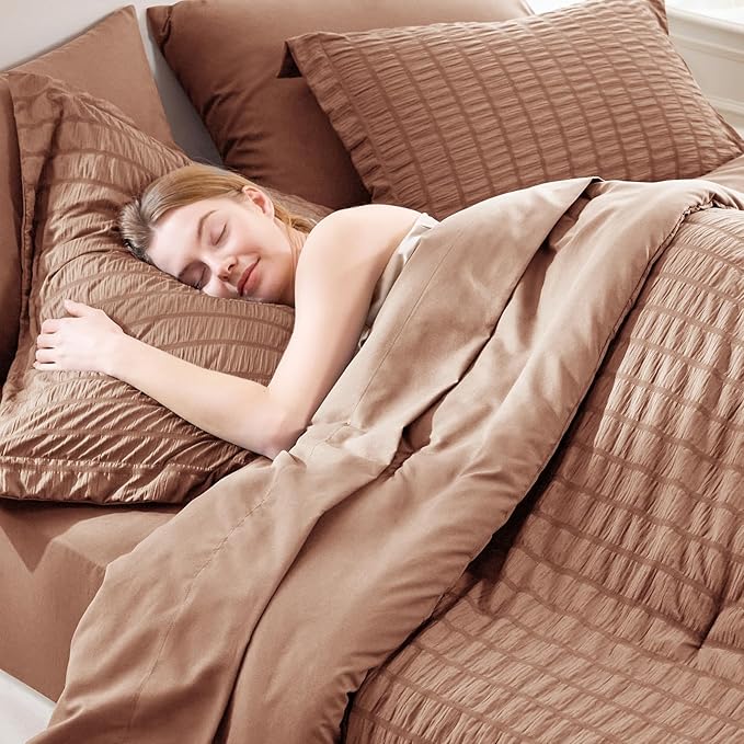 CozyLux Queen Comforter Set Mocha Mousse Seersucker 7 Pieces Bed in a Bag Queen Comforter Set with Sheets, Luxury Bedding Sets with Down Alternative Comforter, Sheets, Pillowcases & Shams All Seasons