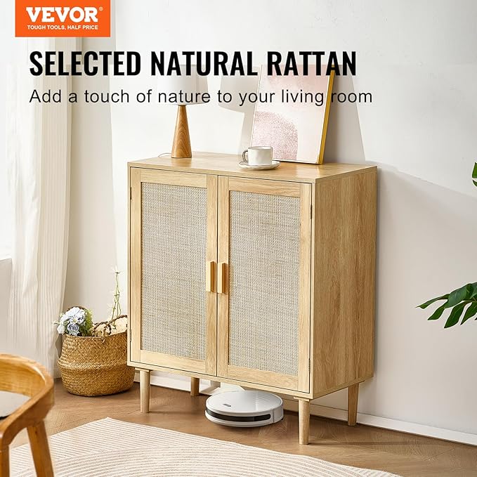 VEVOR Rattan Cabinet, Buffet Cabinet with 2 Magnetic Doors and Adjustable Shelves, Sideboard Buffet for Hallway, Entryway, Living Room, or Kitchen, Natural