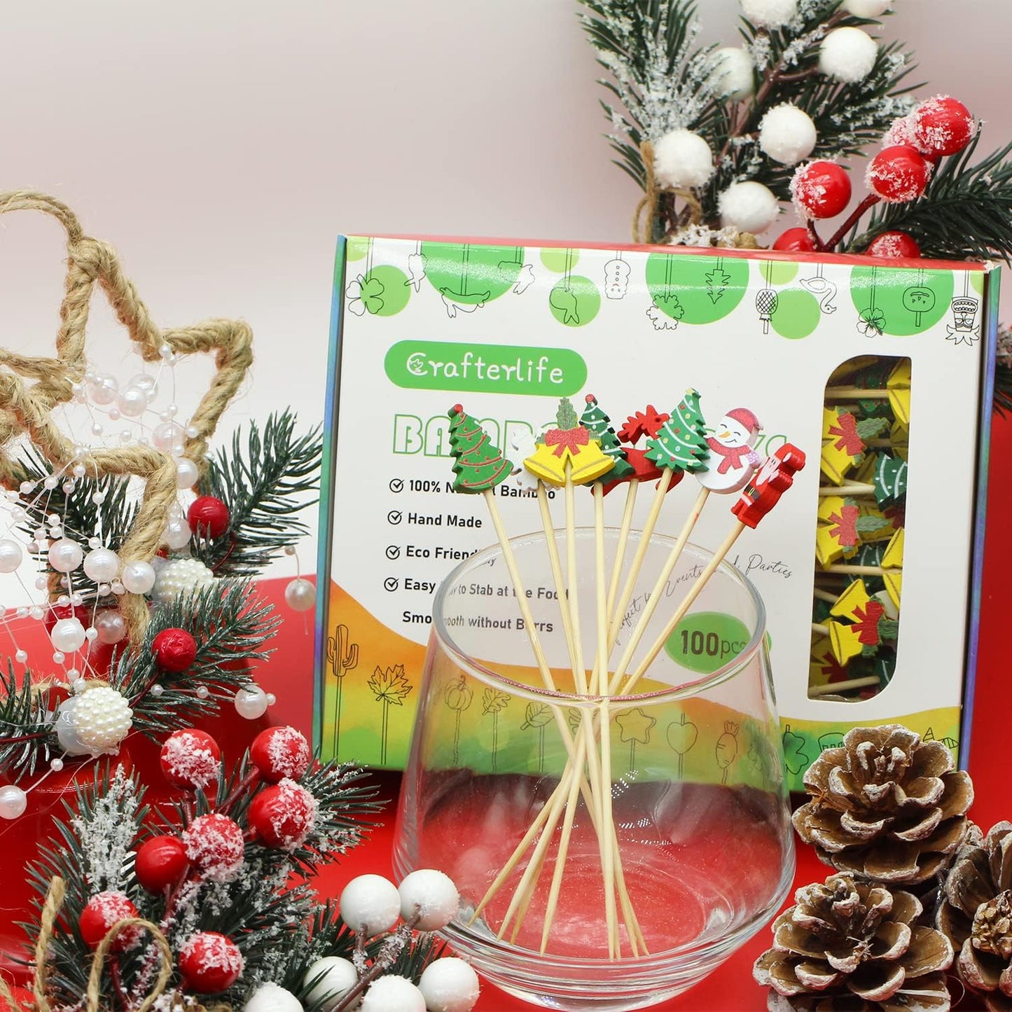 Christmas Cocktail Picks Toothpicks Fruit Dessert Sticks Food Sandwich Appetizer Charcuterie Skewers for Xmas Tree Snowman Elk Snowflake Christmas Decorations Themed Party Supplies, 5", 100 Count
