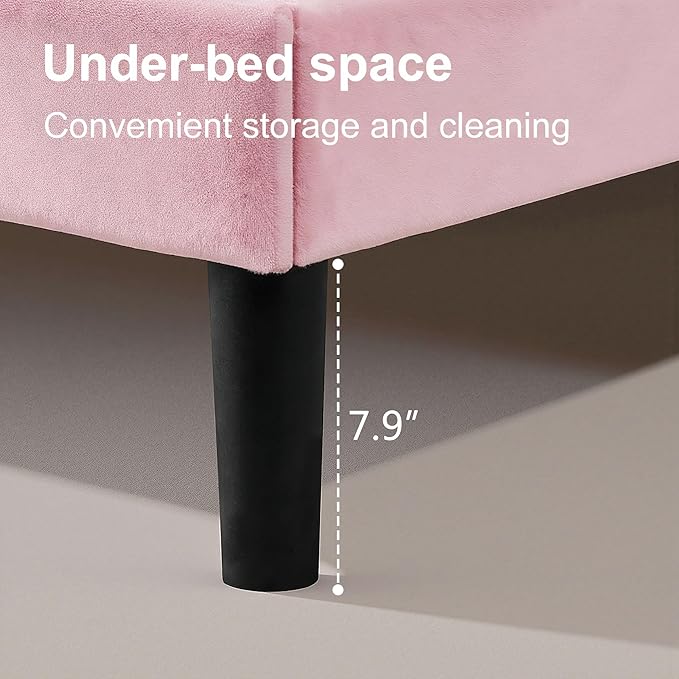 VECELO Queen Size Bed Frame with Upholstered Headboard, Velvet Platform Bedframe Mattress Foundation, Sturdy Wooden Slats Support,No Box Spring Needed Noise Free/Easy Assembly,Pink