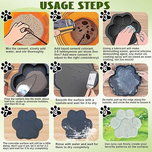 Threlaco Set of 2 Large Paw Print Stepping Stones Mold, 16 in and 13 in Dog Cat Paw Print Concrete Cement Textured Plastic Craft Mold Non-slip for Garden Decor