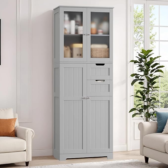 67'' Tall Bathroom Storage Cabinet, Kitchen Pantry Cabinet with Glass Doors and Adjustable Shelves, Kitchen Cupboard with 2 Drawers for Bathroom, Dining Room, Grey