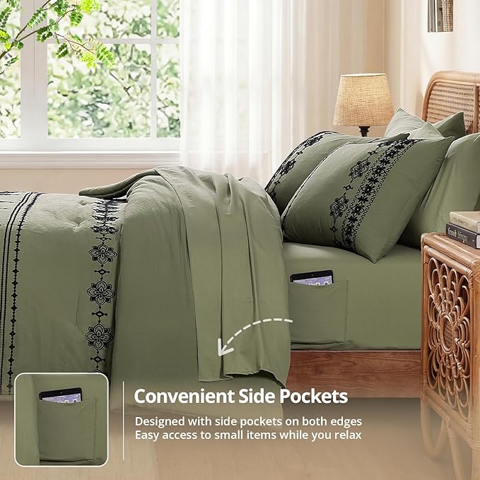 MaiRêve King Size Comforter Set Olive Green, Embroidery Floral Western Boho Bedding Set, All Season 7 Pieces Bed in a Bag with Sheets, Pillowcases & Shams