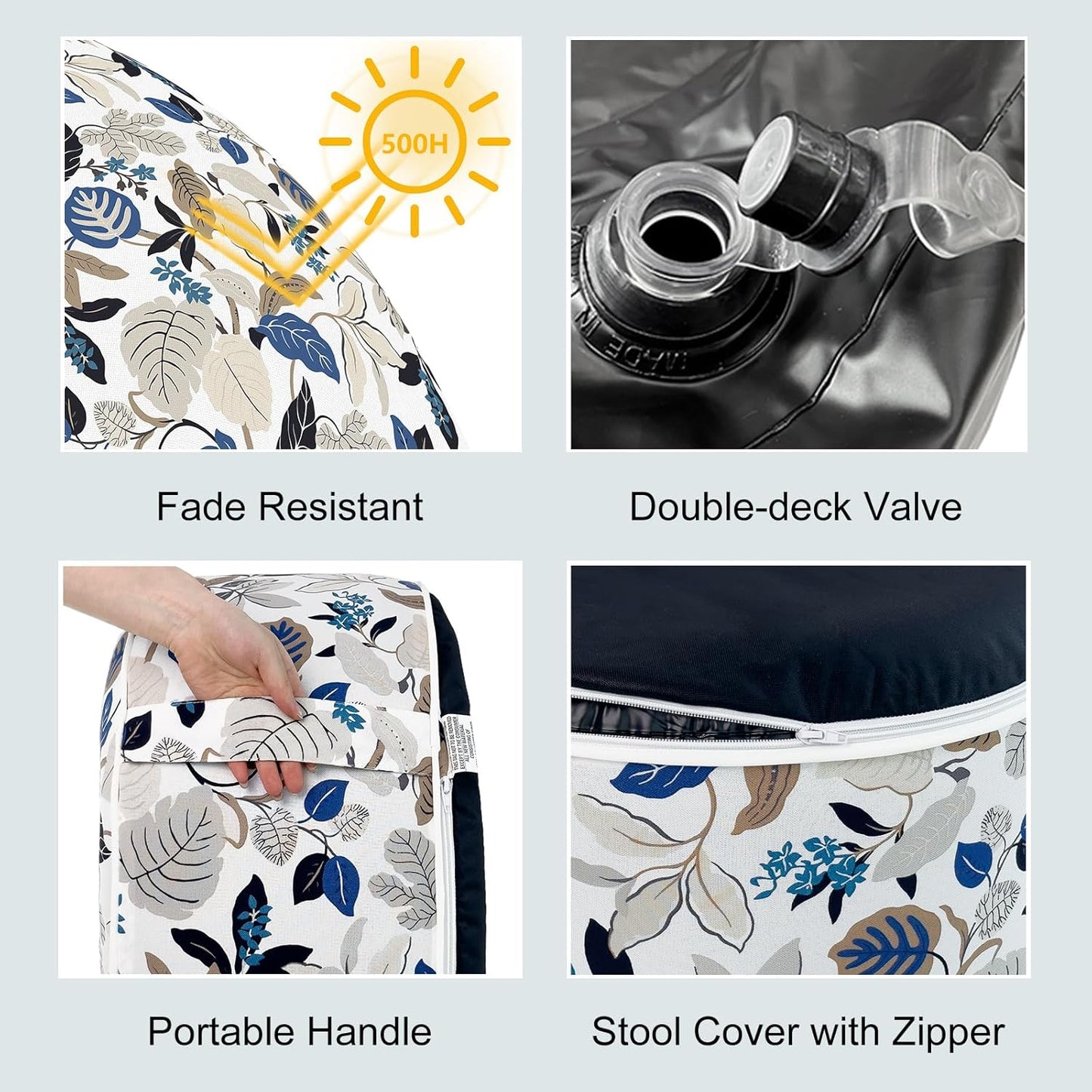 LVTXIII Indoor/Outdoor Inflatable Ottoman, D31 x H14 Inch Large Round Ottoman, All Weather Foot Rest Stool, Portable Footrest for Patio, Garden, Camping and Home - Breeze Leaves Beige