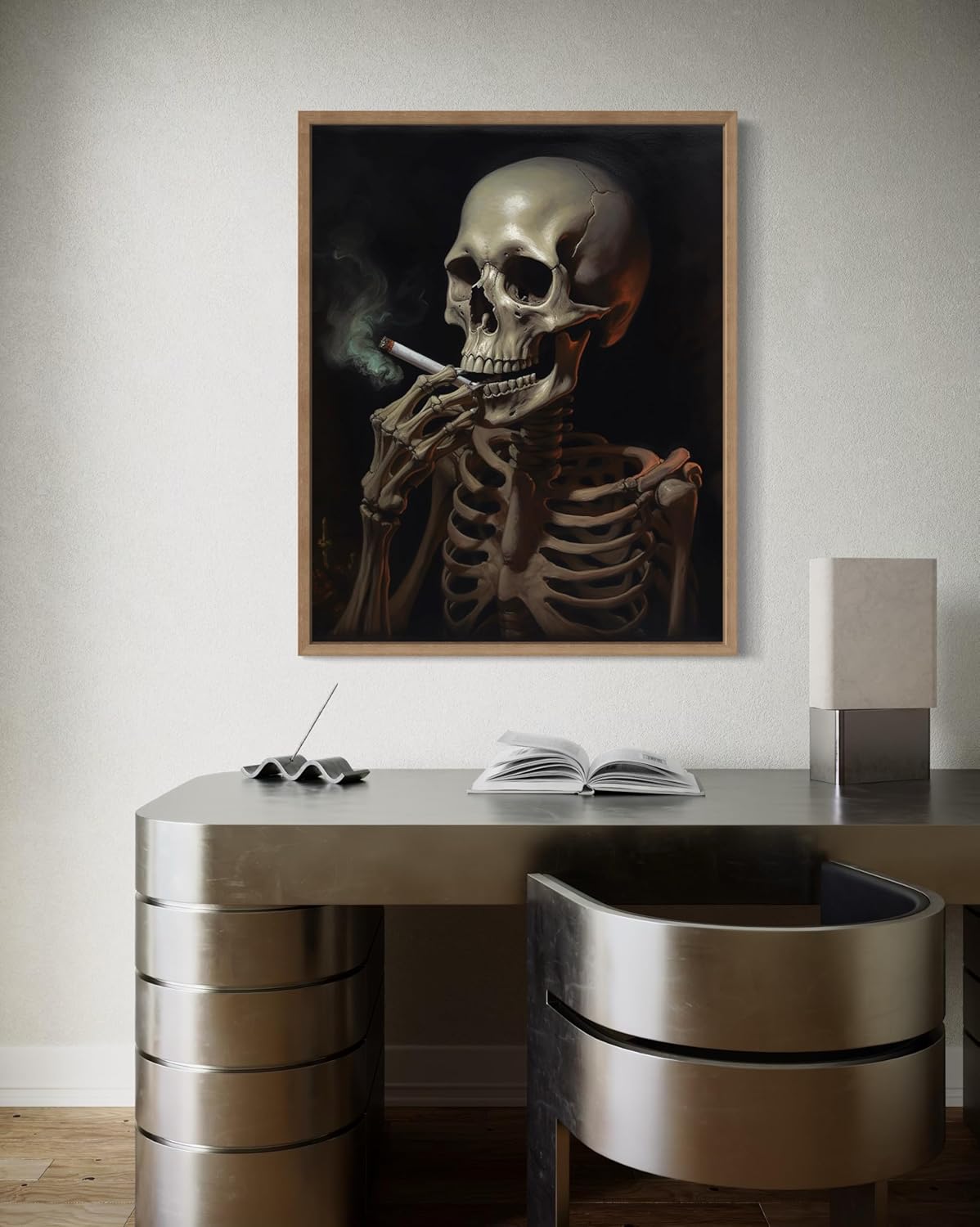 Skull Smoking Ciggarettes Poster Art Print, Halloween Scary Vintage Wall Art Academia Spooky Painting Decoration for Horror Prints, Gothic Posters Bedroom Decor 89 (Skull Smoking Ciggarettes, 8 x 10 inches, Wood Frame)