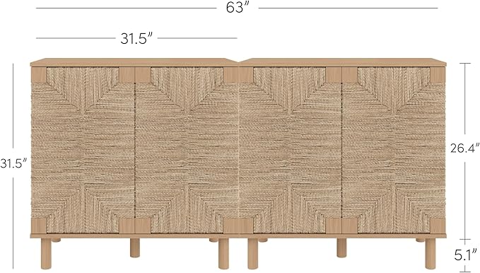 Nathan James Beacon Boho TV Stand, Free Standing Kitchen Cabinet Storage with Adjustable Interior Shelf and Seagrass Accent, Seagrass/Raw Oak, Set of 2