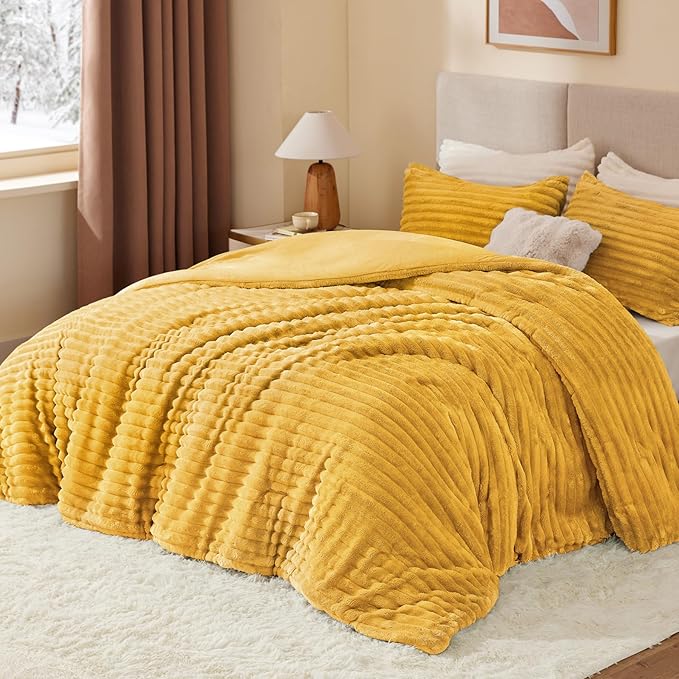 BEDELITE Fleece California King Comforter Set -Super Soft & Warm Fluffy Mustard Yellow Bedding, Luxury Fuzzy Heavy Bed Set for Winter with 2 Pillow Cases