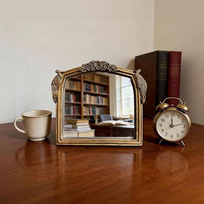 Vintage Vanity Desk Mirror -7x8Inch Wall-Mounted & Tabletop Decorative Ornate Gold Accent Retro Makeup Mirror for Bedroom Dresser Living Room Bathroom Dorm Champagne Gold