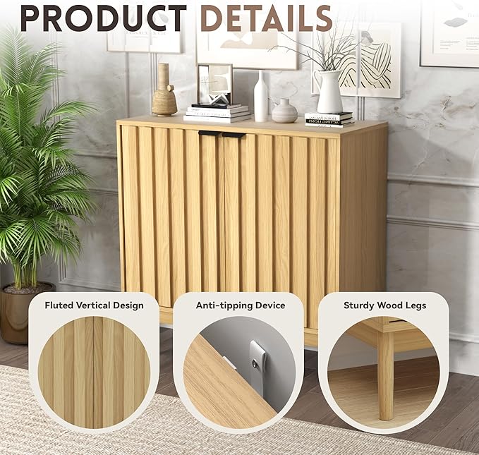 Fluted Cabinet with Storage, Buffet Cabinet Sideboard with Door, Kitchen Buffet Storage Accent Cabinets with Adjustable Shelves for Living Room, Entry, Hallway, Natural
