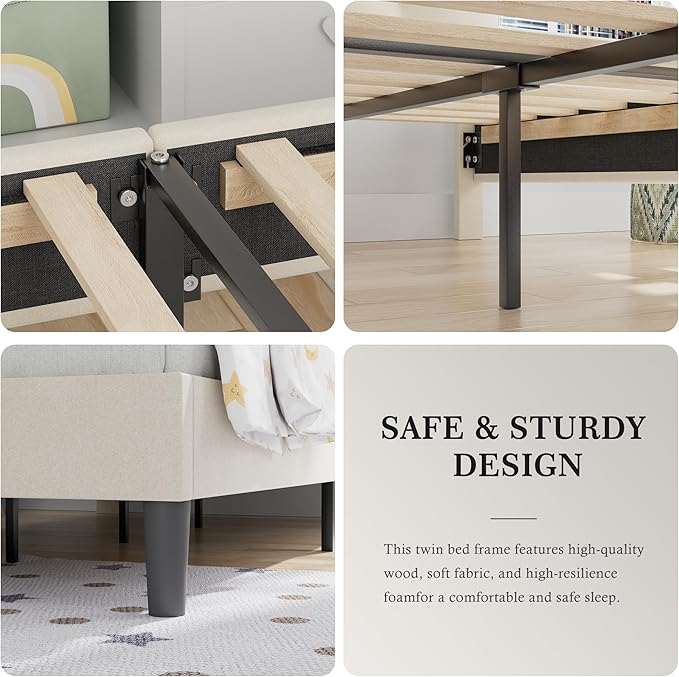 VECELO Twin Bed Frame with Upholstered Headboard, Heavy-Duty Platform Bedframe with Strong Wooden Slats Support, No Boxing Spring Needed, Pale Beige