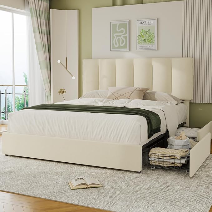 VECELO King Size Bed Frame with 4 Storage Drawers, Adjustable Height Headboard, Heavy-Duty Bedframe with Strong Wooden Slats, No Box Spring Needed, Pale Beige