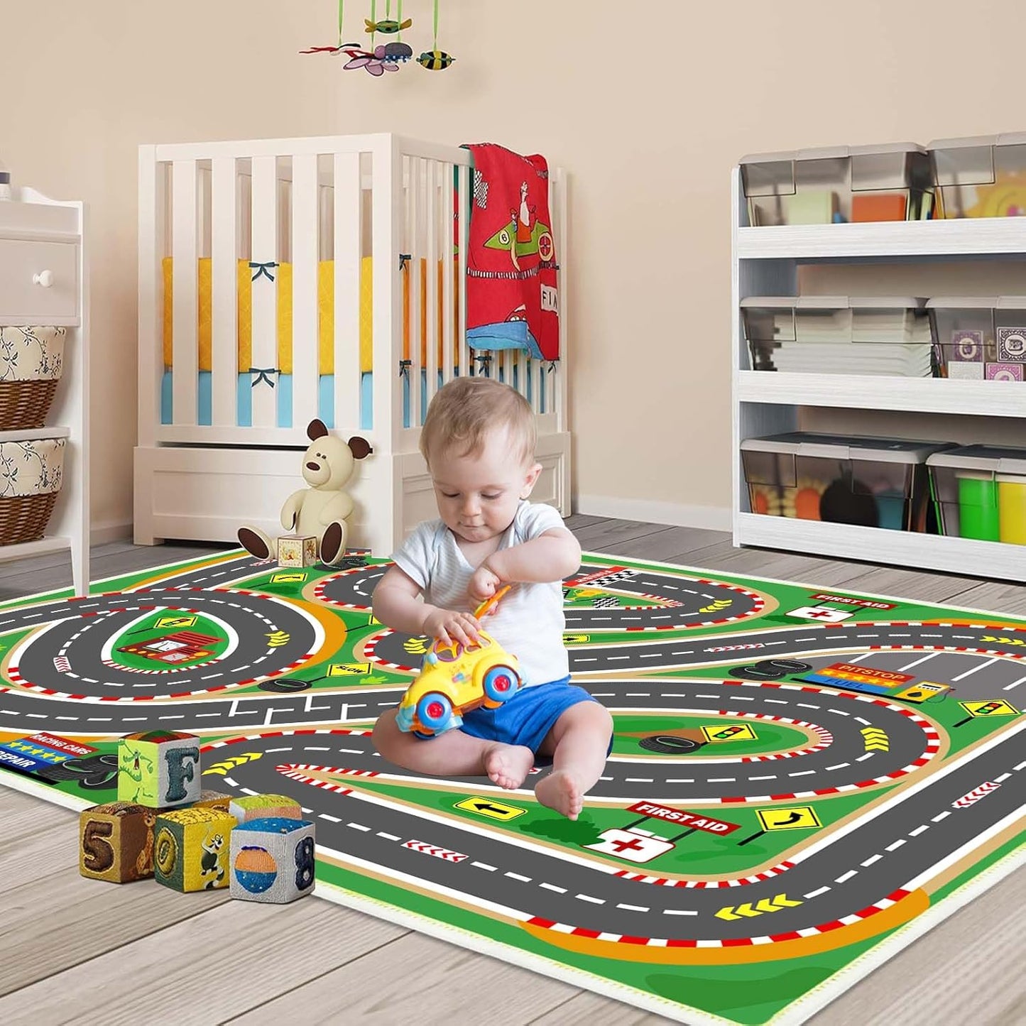 Kids Rug Play Mat Playroom Rugs Car Rugs for Kids Toy Cars Race Track for Classroom Rug(Race-Green, 6.6x9.9ft)