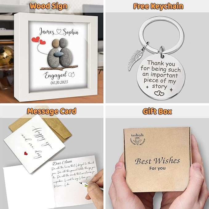Personalized Engagement Pebble Art Frame for Couple, Custom Names and Date Engaged Sign with Keychain & Card, Newly Engaged Gift Idea, Romantic Engagement Gift Keepsake, Anniversary Couple Décor