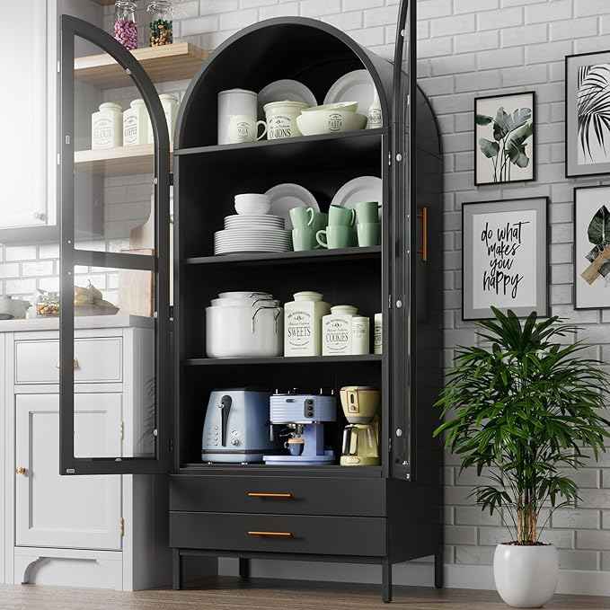 Metal Arched Pantry Cabinet with 2 Drawers and Glass Doors,Black Arched Bookcase with 2 Adjustable Shelf for Kitchen Home Office,Installation Required,Black