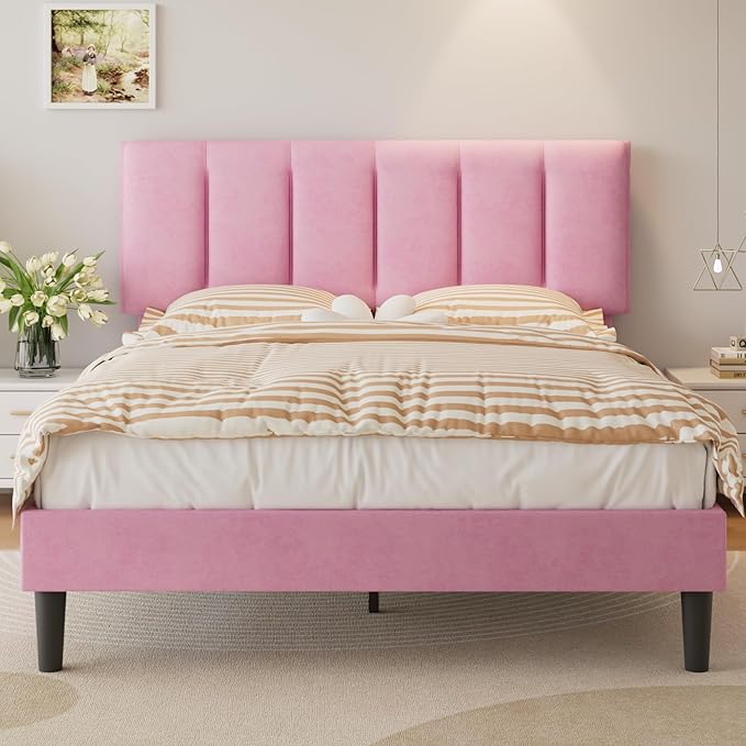 VECELO Queen Bed Frame with Upholstered Headboard, Heavy-Duty Platform Bedframe with Strong Wooden Slats Support, No Boxing Spring Needed, Pink