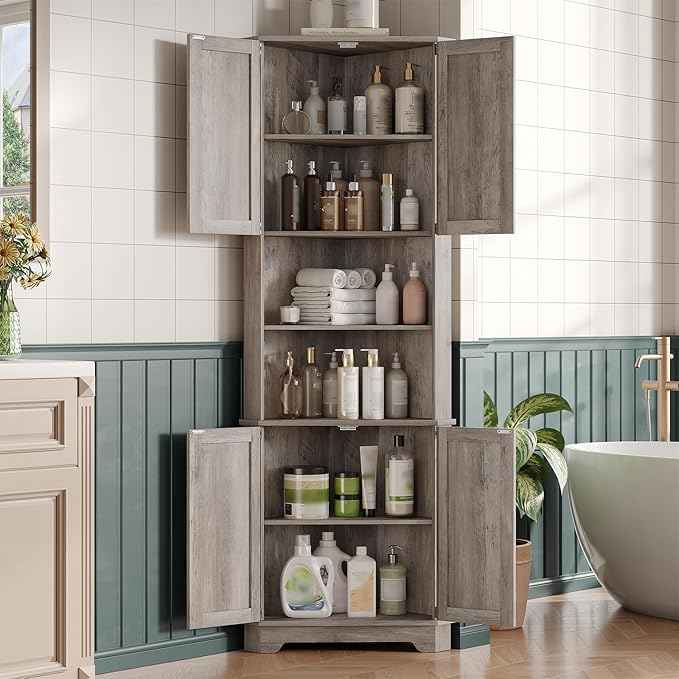 Vabches 68.9" Tall Corner Cabinet, Farmhouse Style Storage Cabinet with Adjustable Shelve, Barn Door Design, Home Space Saver for Kitchen,Bathroom, Living Room, Dining Room (Grey)