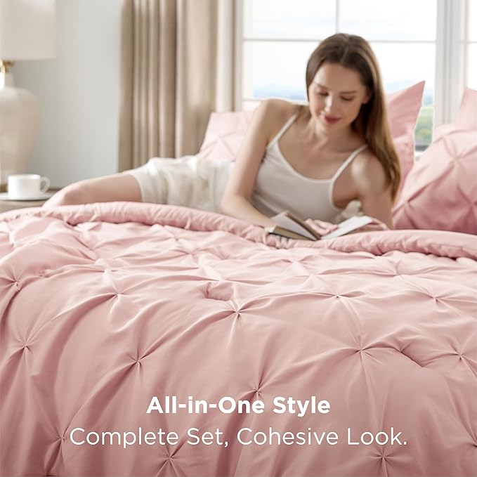 Bedsure Queen Comforter Set Pink - Bed in a Bag Queen Size Bedding 7 Pieces, GentleSoft™ Pintuck Bed Set Gift for Family, Pinch Pleat All Season Comforter with Sheets, Pillowcases & Shams
