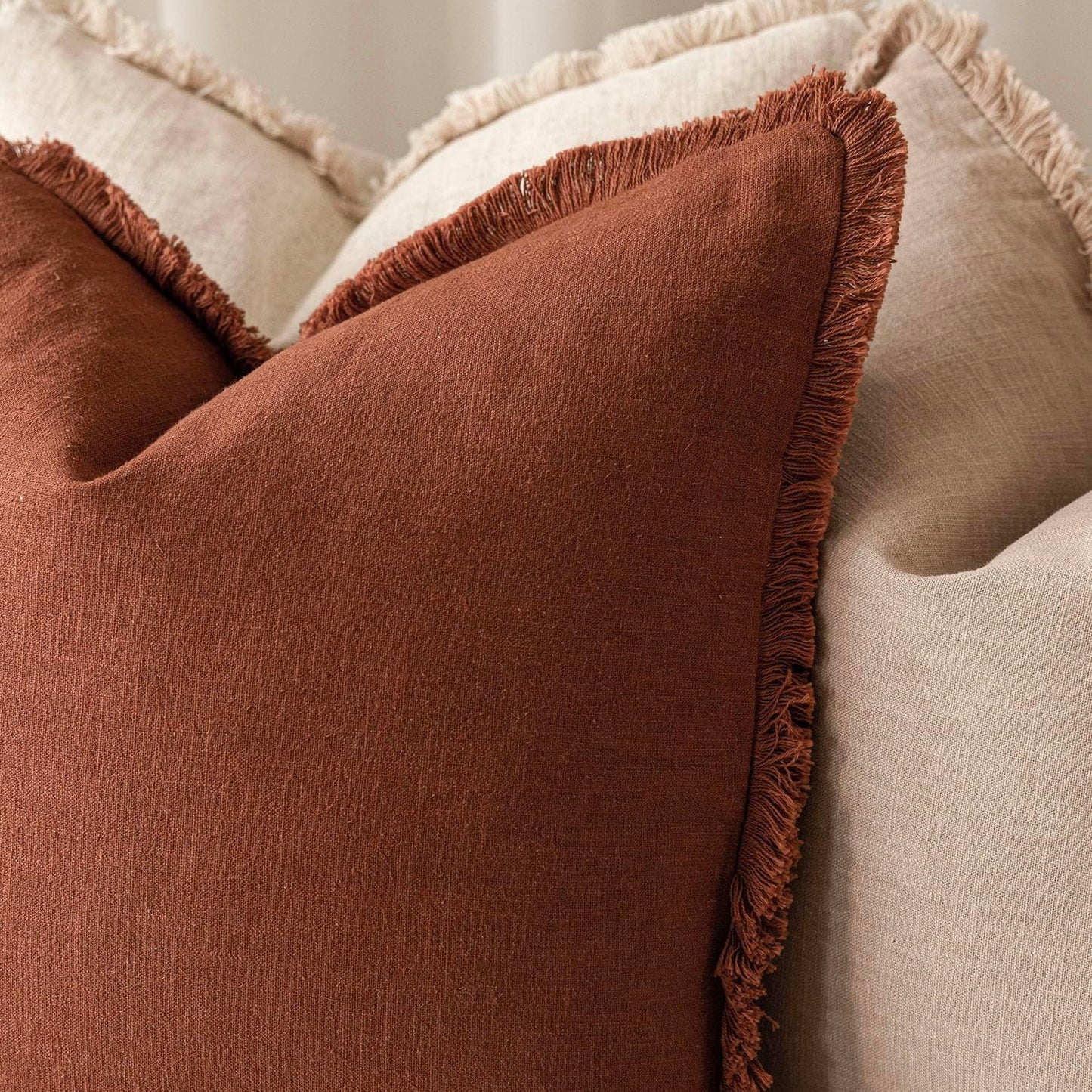 Foindtower Set of 2 Decorative Linen Fringe Throw Pillow Covers Boho Farmhouse Cushion Cover with Tassels Soft Accent Pillowcase for Couch Sofa Bed Living Room Home Decor, 26×26 Inch, Fall Rust Orange