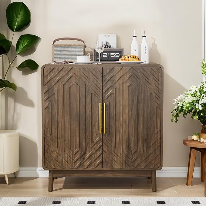 Ball & Cast 32" Modern Sideboard Cabinet with Storage, Carved 2-Door Buffet w/Adjustable Shelves & Solid Wood Legs, Credenza & Accent Cabinet for Living Room, Entryway, Kitchen,Dining Room,Walnut