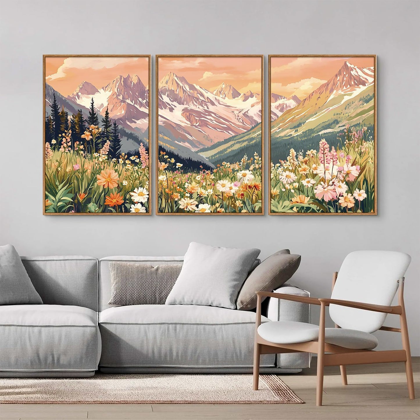 SIGNINART Vintage Floral Framed Canvas Wall Art Set, Large Mountains Nature Landscape Wall Decor, Bohemian Wildflower Forest Artwork, Pink Ridge Art Printing for Living Room Bedroom Office 16"x24"x3