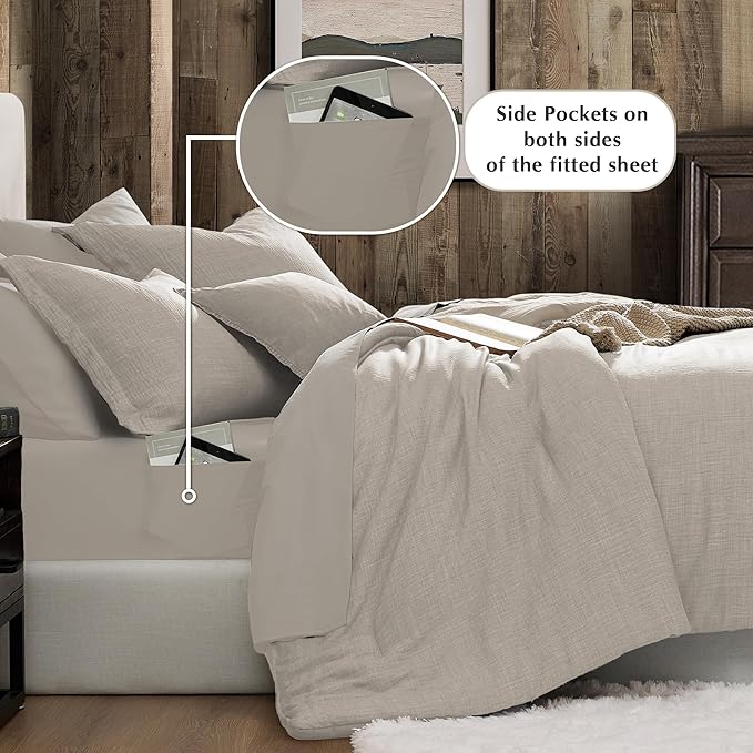 Geniospin King Size Comforter Set- 7 Piece Ivory Textured King Bedding Set, Soft Solid Bed in a Bag for All Season, King Comforter Set with Sheets(Ivory,102''x90'')