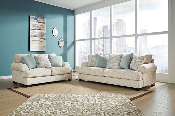 Signature Design by Ashley Monaghan Vintage Sofa with Accent Pillows, Reversible Cushions and Rolled Arms, Beige
