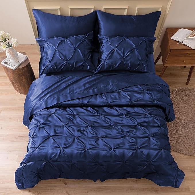MR&HM Satin Comforter Full 7 Pieces - Luxurious Pinch Pleat Bedding Set with Comforter, Flat Sheet, Fitted Sheet, Pillowcases & Shams, Super Silky Soft Bed Set for All Season (Full, Navy Blue)