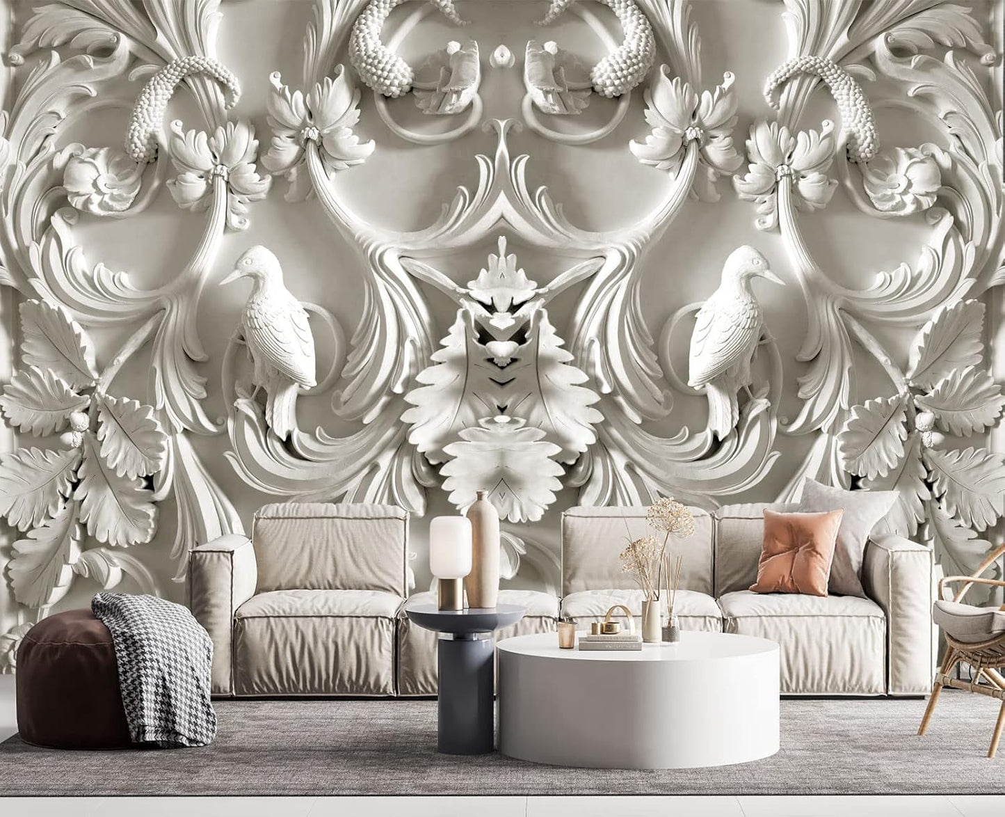 White Gypsum Art Wall Mural Wallpaper for Bedroom 137" x 100"