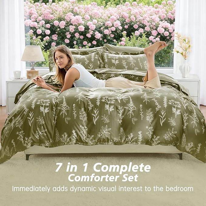 MUXHOMO Olive Green Full Comforter Set, Elegant Floral Print Bed in a Bag 7 Pieces, Ultra Soft & Breathable Reversible Botanical Pattern Bedding Set with Comforter, Sheets, Pillowcases, and Shams