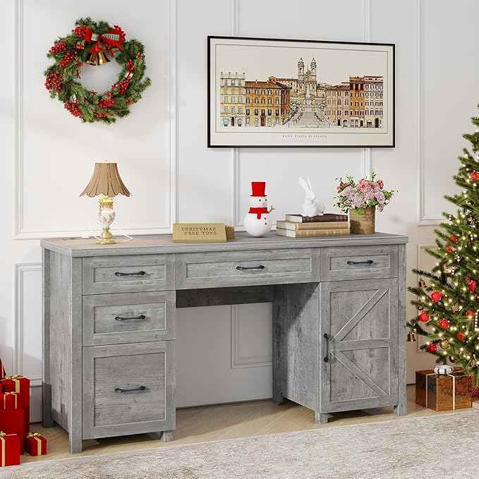 Vabches Farmhouse 61'' Executive Desk with 5 Drawers, Rustic Office Desk Computer Desk with Charging Station, File Drawers and Storage Cabinet, Wood Workstation for Home Office and Study,Grey.