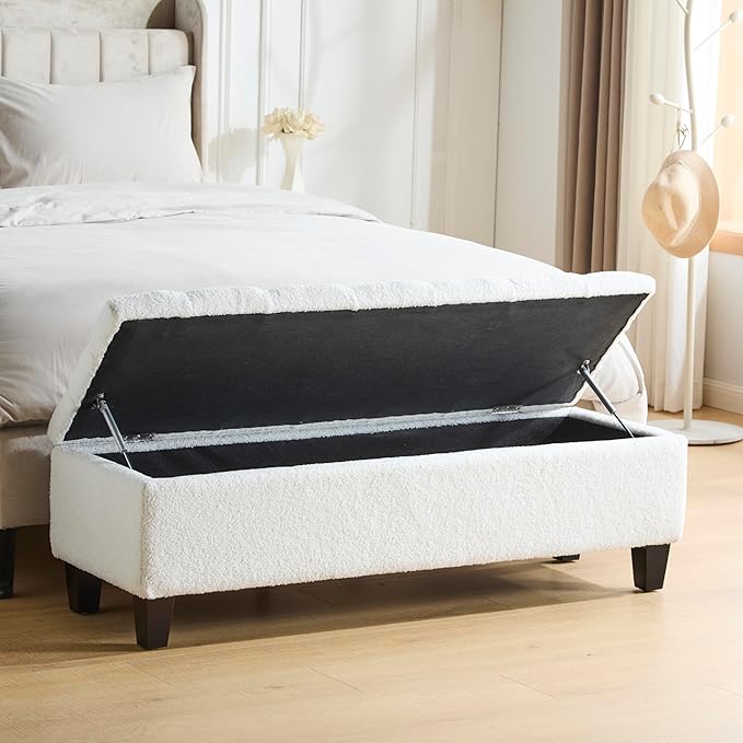 Christopher Knight Home Ottilie Boucle Fabric Storage Ottoman Bench, Wooden Rectangular Ottoman with Storage, Bedroom End of Bed Foot Stool, Entryway Ottoman Footrest, Living Room Extra Seat, White