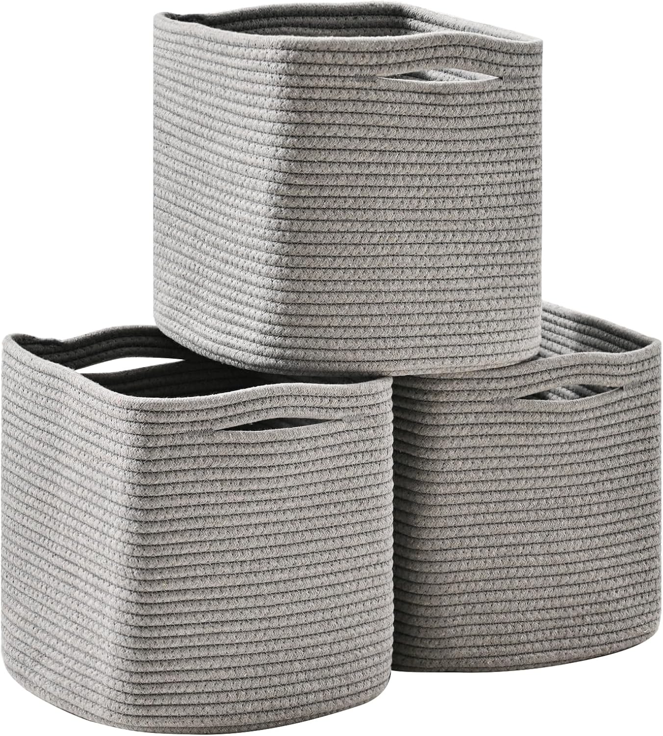 11 Inch Cube Storage Bins, Storage Cube Organizer Bins, Woven Cotton Rope Basket for Storage, Storage Baskets for Organizing Shelves, Grey Baskets for Toys Nursery, Grey (Pack of 3)