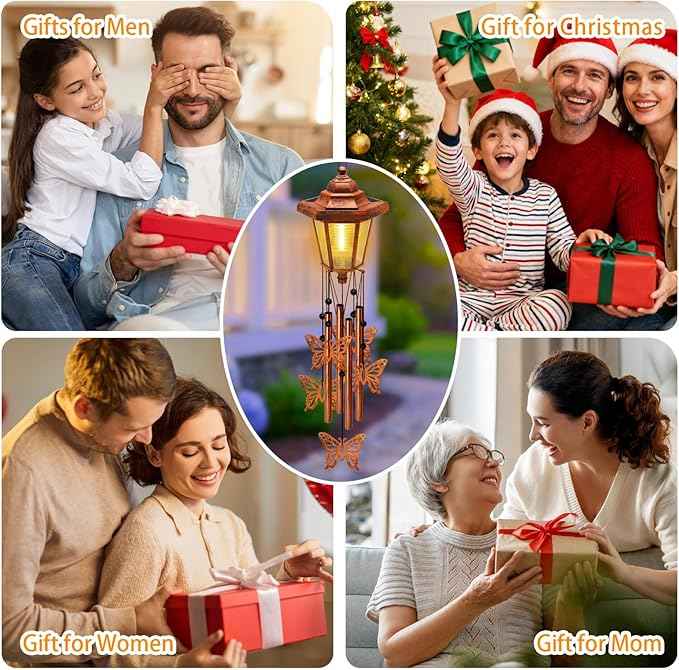 Large Solar Butterfly Wind Chimes, Gift for Women Mom Grandma Wife Sister Daughter Neighbor, Classic Bronze Wind Chimes With Wind Catcher, Solar Decor Lights For Outdoor Garden Patio Yard Porch Window