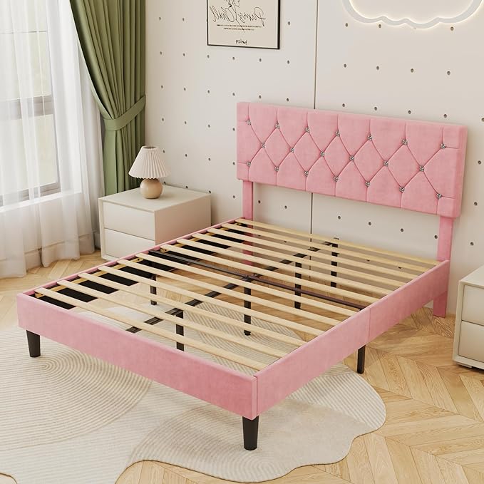 VECELO Full Size Bed Frame with Diamond Tufted Headboard, Upholstered Platform Bedframe with Wood Slat Support, No Box Spring Needed, Mauve Pink
