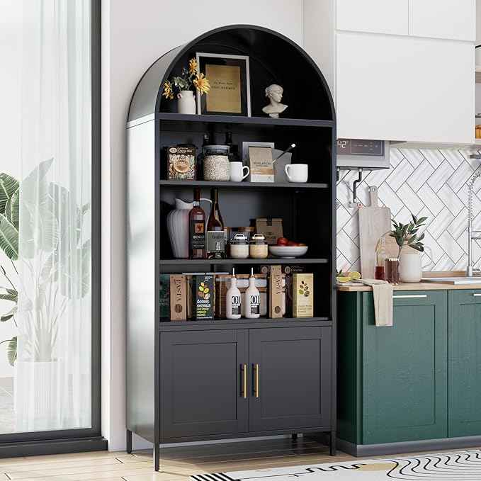 Metal Arched Bookcase Cabinet,Wide Black Arched Bookshelf with 2 Adjustable Shelf for Home Office Living Room,Required Assembly,17.7" D x 35.5" W x 78.8" H