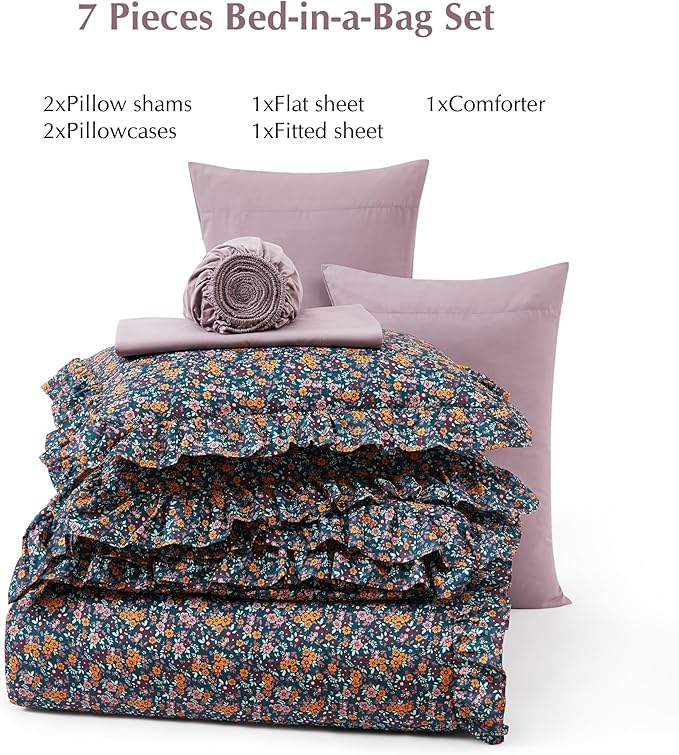 Queen Comforter Set - 7 Pieces Ruffle Purple Ditzy Bedding Sets, Shabby Chic Farmhouse Bed in a Bag with Ruffle Comforter, Sheets, Pillowcases & Shams