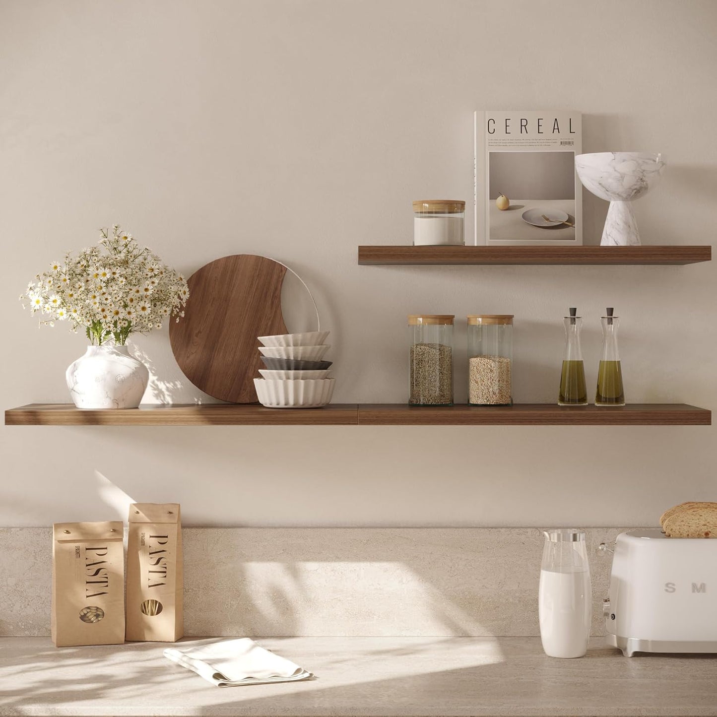 Wall Shelf Set of 2, Walnut Floating Shelves 24 in W x 10 in D x 1 in H, Wooden Floating Wall Shelf with Invisible Brackets for Living Room/Bedroom/Bathroom/Kitchen Storage and Decor