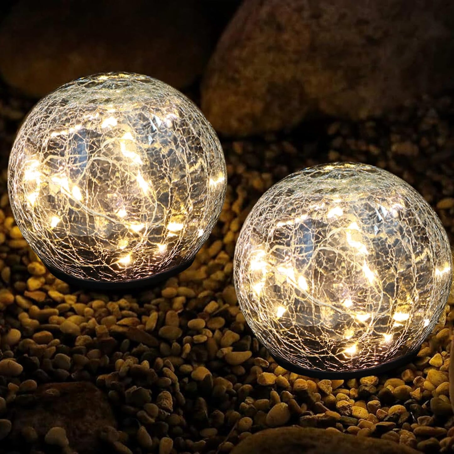 Solar Garden Lights, Cracked Glass Solar Globe Lights, Waterproof Warm White LED Ball for Yard Pathway Patio Lawn Halloween Christmas Outside Decor (Warm Colors, 2 Pack 5.91")