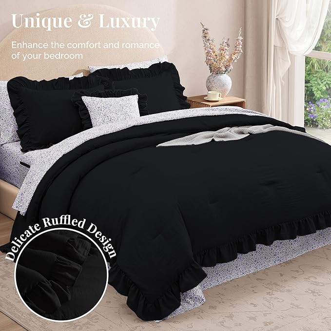 Full Comforter Set - 7 Pieces Ruffle Black Bedding Sets, Shabby Chic Farmhouse Bed in a Bag Full with Ruffle Comforter, Floral Sheets, Pillowcases & Shams