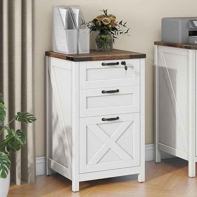 Vabches Vertical File Cabinet with 3 Drawers, Wooden Farmhouse Filing Cabinet for Letter/A4 Size Hanging Files, Under Desk Printer Stand with Storage for Home Office, White and Lock