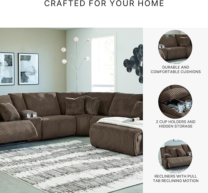 Signature Design by Ashley Top Tier Modern Left-Arm Facing 6-Piece Reclining Sectional with Chaise, Armrest, Throw Pillows and Storage, Dark Brown