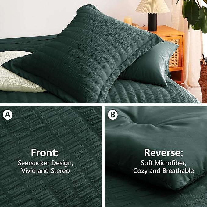 CozyLux Twin Comforter Set with Sheets 5 Pieces, Forest Green Seersucker Textured Bed in a Bag, Luxury Soft Bedding Set with Down Alternative Comforter, Sheets, Pillowcases & Shams for All Seasons