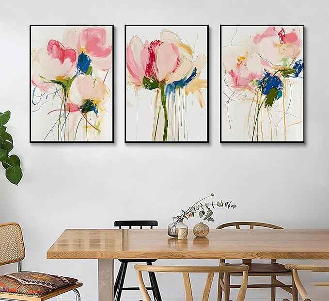 3PCS Colorful Abstract Line Floral Canvas Wall art Botanical Floral Line Posters Print Modern Minimalist Flower Pictures Wall Decoration for Girls' Room Bedroom Living room Unframed