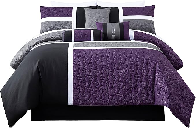 Chezmoi Collection Upland 7-Piece Quilted Patchwork Comforter Set, Purple/Black/Gray, Queen